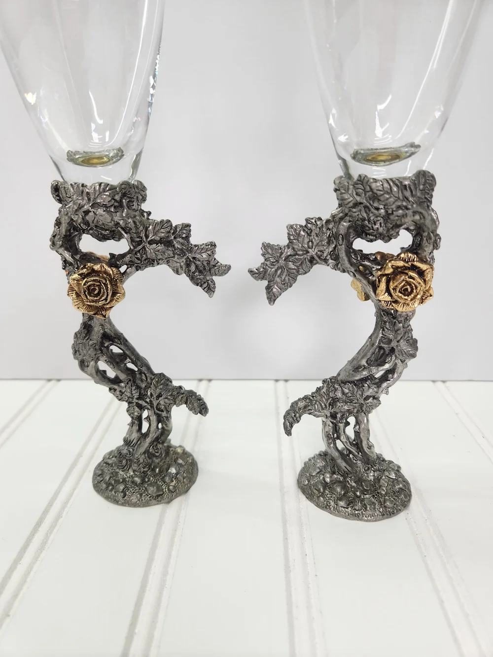 Vintage Fellowship Foundry Kevin O'Hare Pewter & Gold Rose Toasting Flutes Set